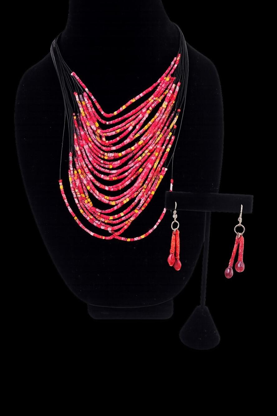 Multi Strand Seed Bead Necklace & Earrings Set Red Pink Yellow Boho Statement